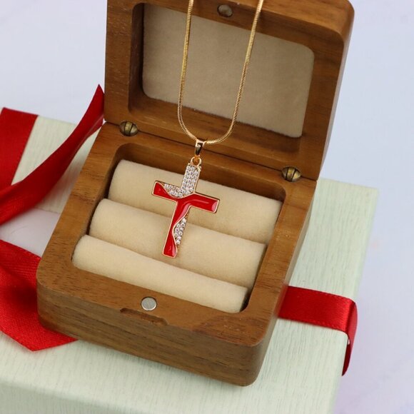 "Rose Gold Cross Pendant with Red Enamel and CZ Stone Detailing, XPPT1399 - Picture 9 of 13